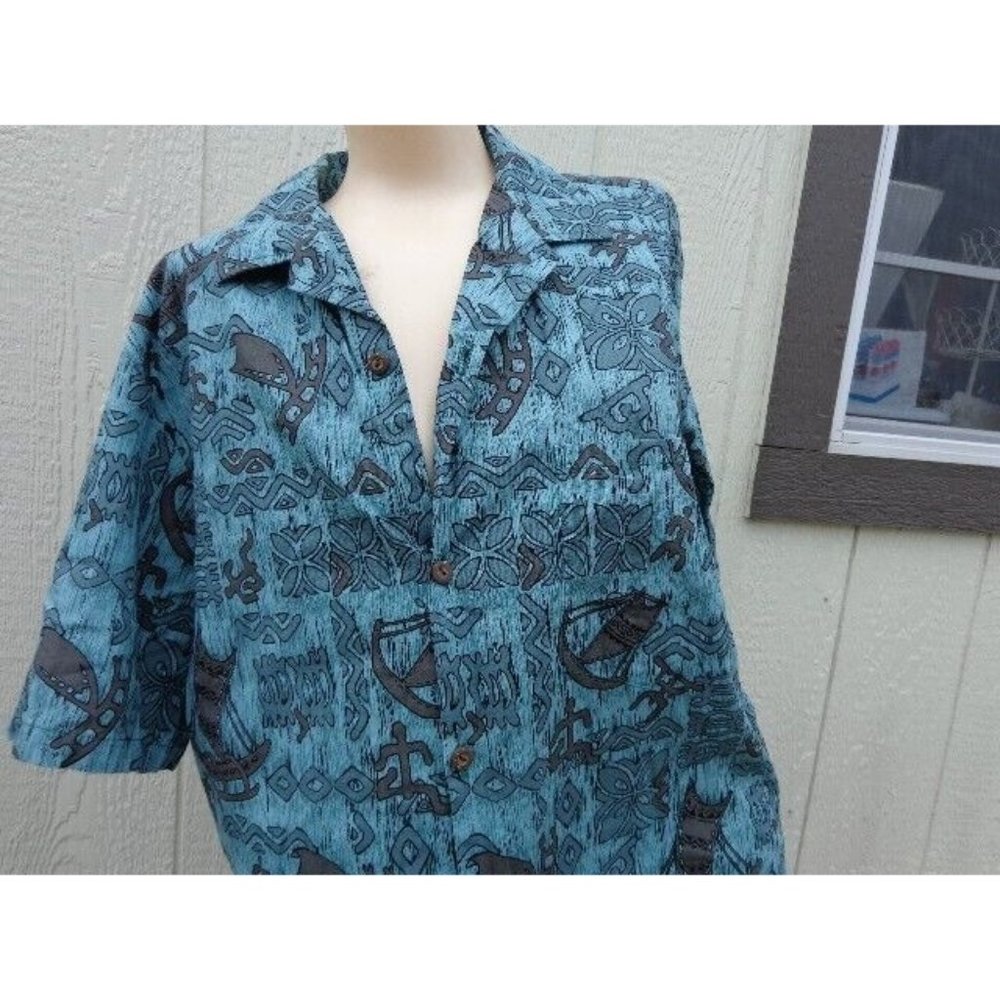 NOS Vtg Teal Gray Tropical Hawaiian Cotton L Abstract Surf Waves Shirt USA Made